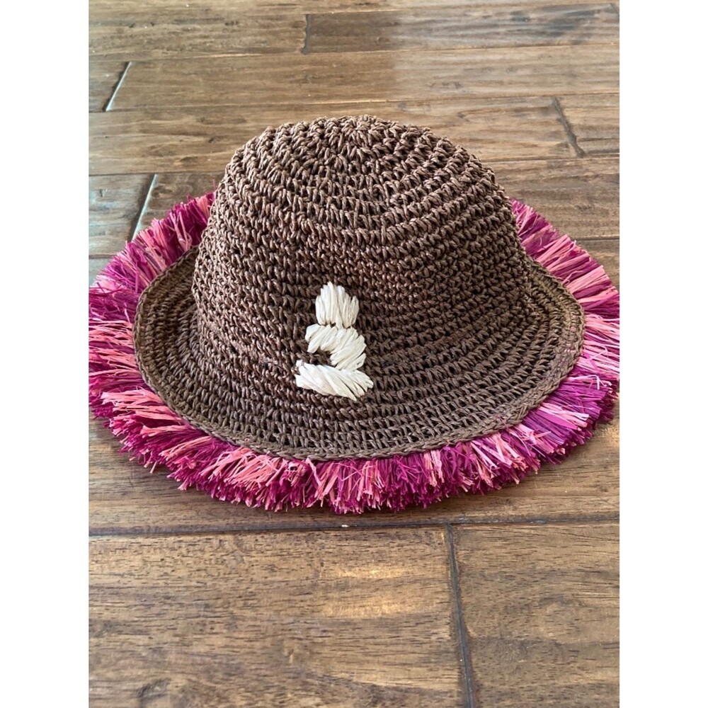 Woven Straw Bucket Hat Women Brown Purple Fringe Trim Sun Beach Travel Vacation